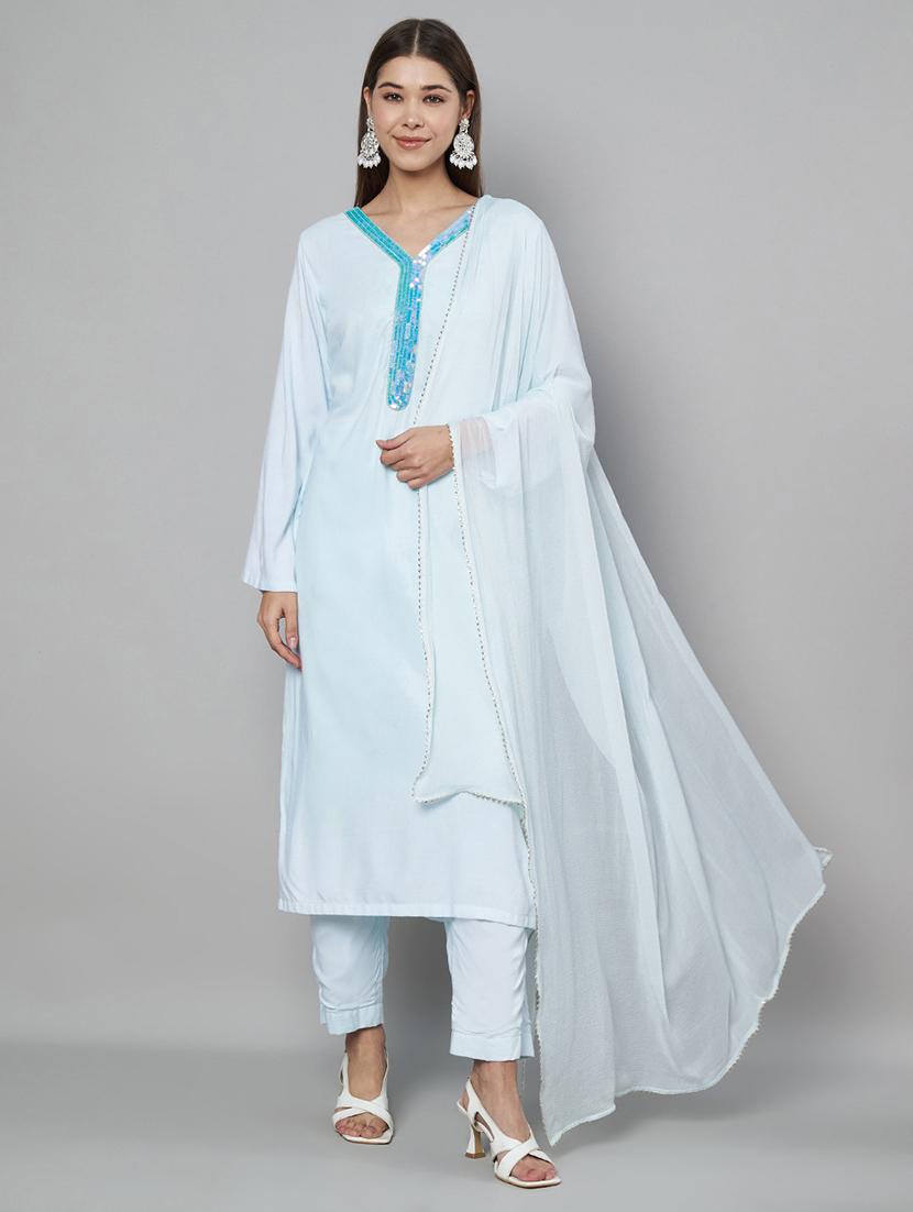women embellished long sleeve kurta pant with dupatta set