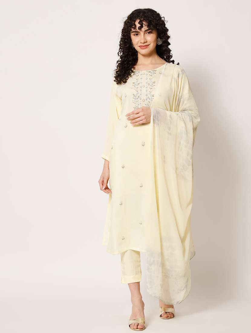women embroidered long sleeve kurta pant with dupatta set
