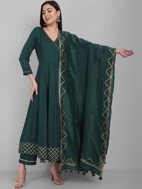 women three quarter sleeve anarkali kurta pant with dupatta set