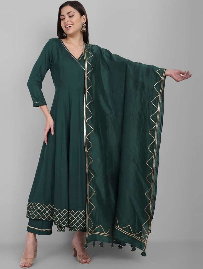 women three quarter sleeve anarkali kurta pant with dupatta set
