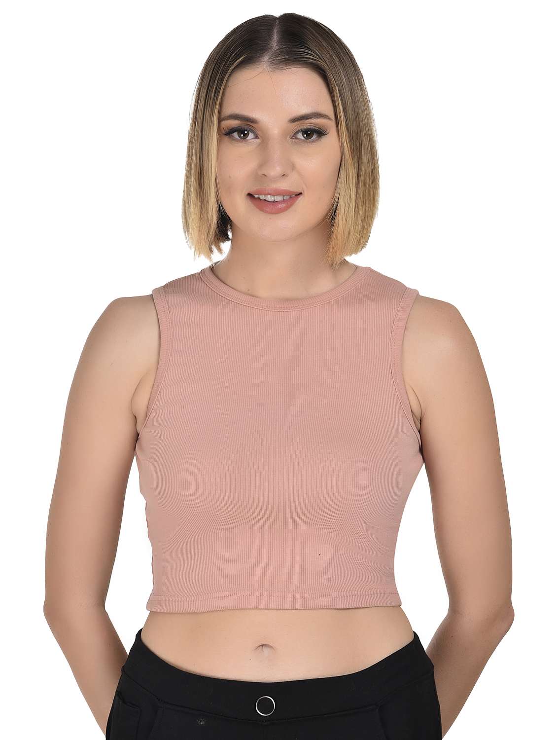 women peach solid sleeveless crop top