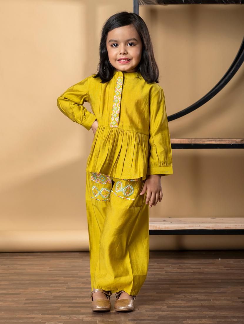 girls embroidered long sleeve kurta and palazzo set