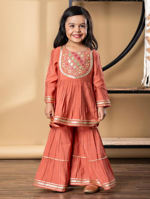 girls embroidered long sleeve kurta and sharara set - 21967206 -  Standard Image - 0