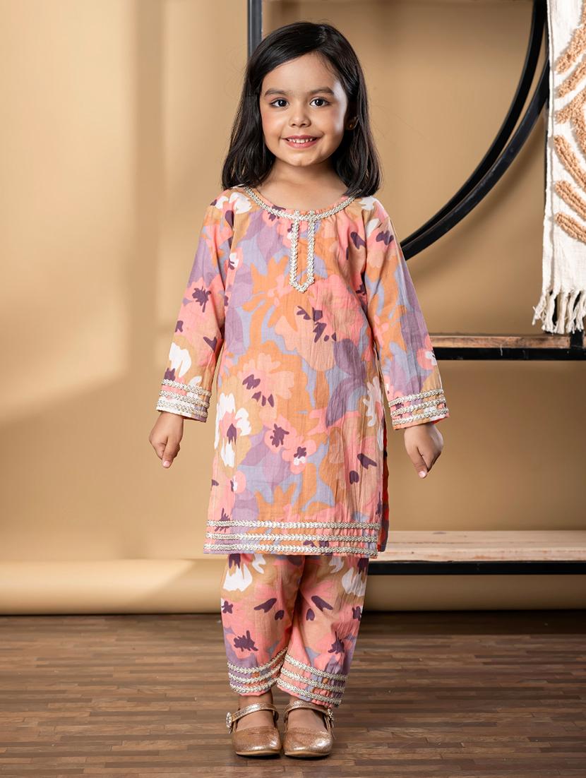 girls floral print long sleeve kurta and pant set - 21967210 - Zoom Image - 0