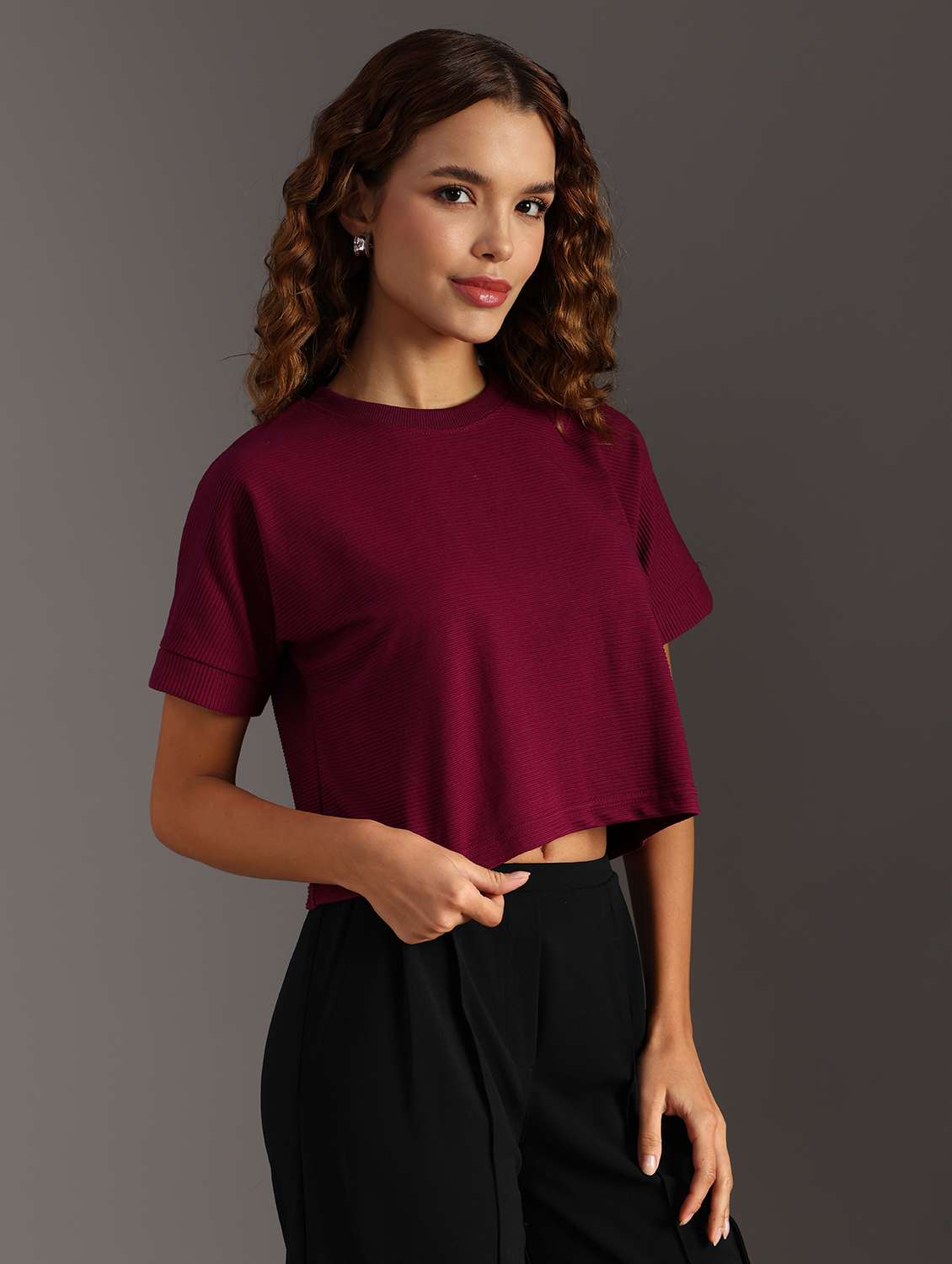 women solid short sleeve crop top - 21967217 - Standard Image - 3
