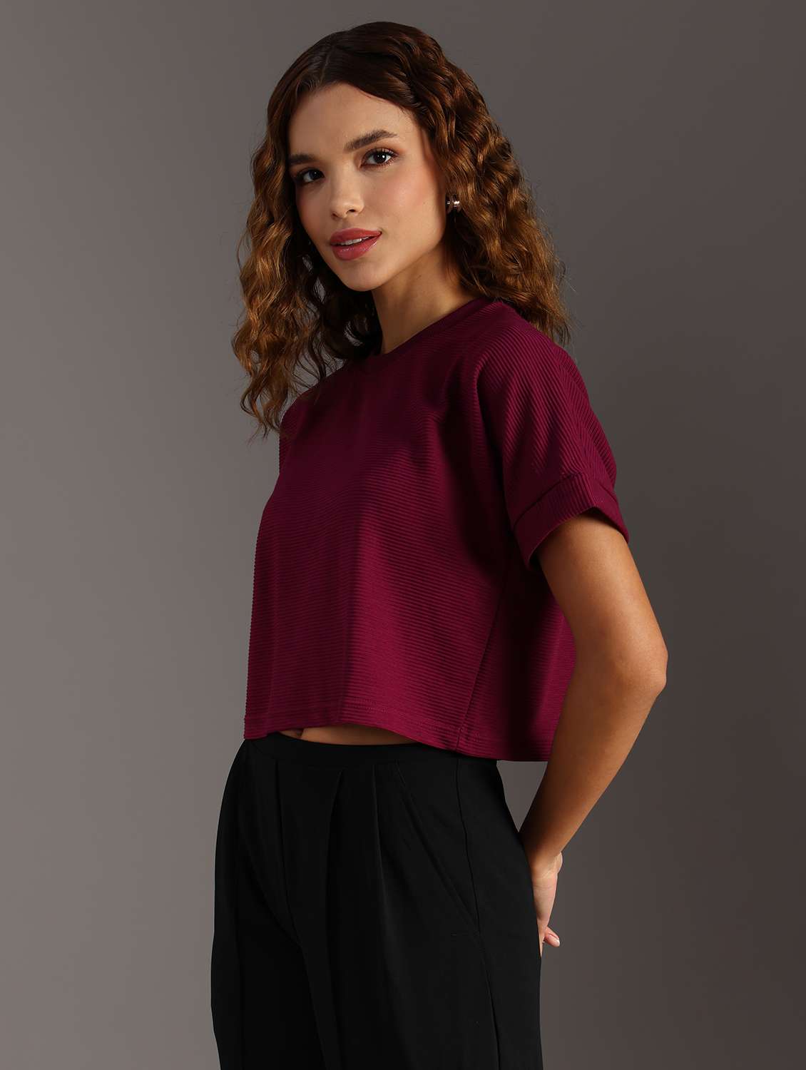 women solid short sleeve crop top - 21967217 - Standard Image - 5
