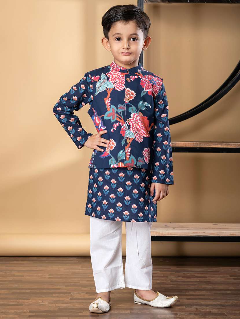 boys floral print kurta and pyjama with nehru jacket