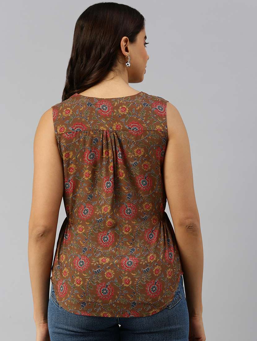 women brown printed sleeveless short kurti - 21967250 -  Standard Image - 3