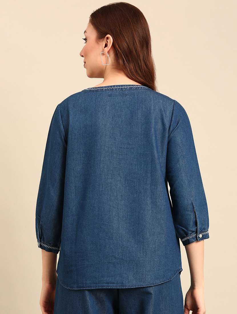 women solid tie-up neck puff sleeve denim top - 21967252 - Standard Image - 3