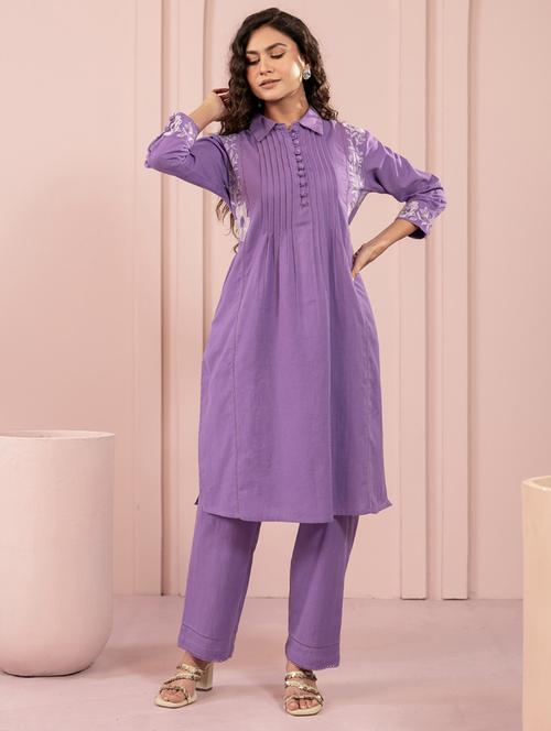 women purple floral long sleeve kurta pant set - 21967345 -  Standard Image - 0