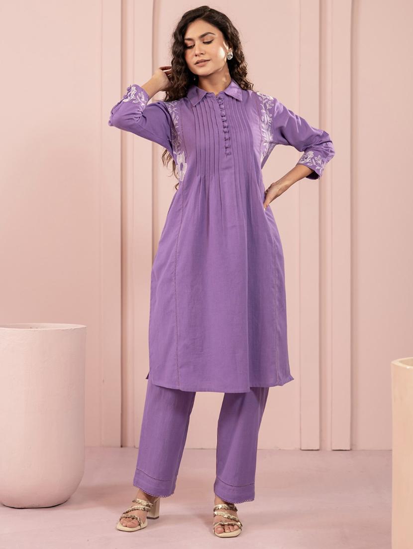women purple floral long sleeve kurta pant set