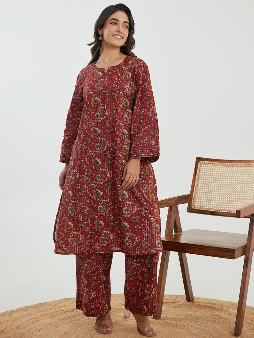 women maroon floral long sleeve kurta palazzo set - 21967360 -  Zoom Image - 0