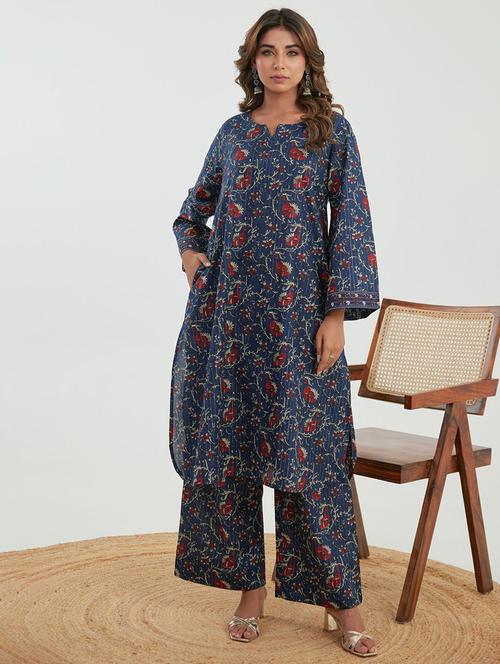 women blue floral long sleeve kurta palazzo set - 21967362 - Standard Image - 0