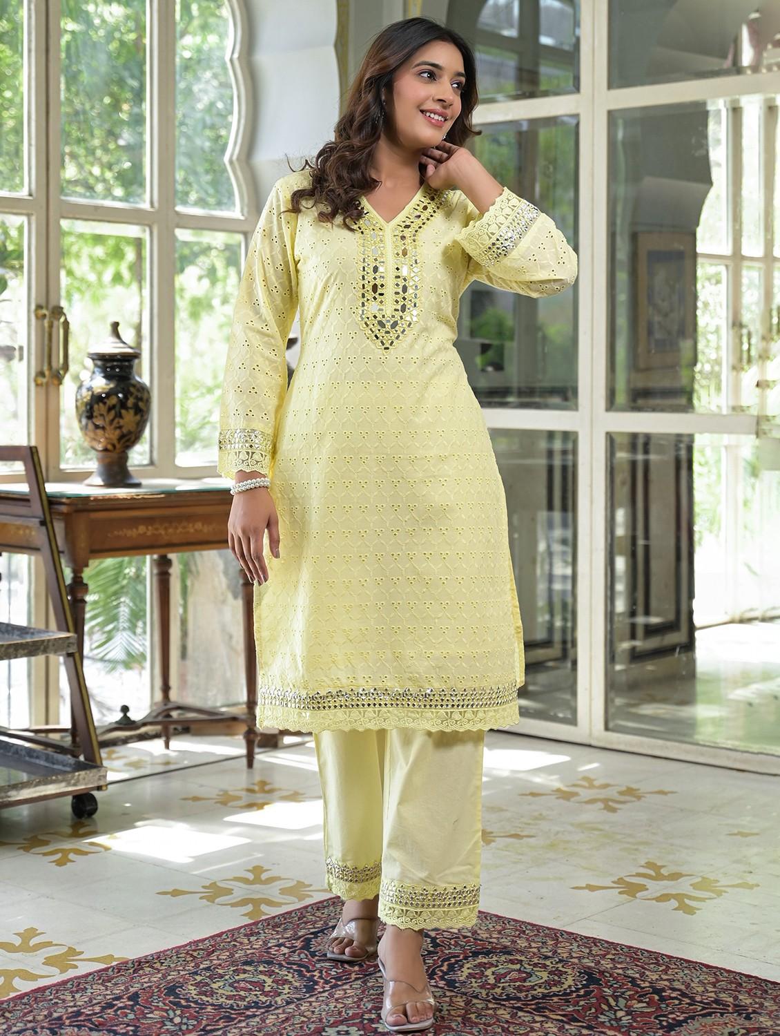 women yellow long sleeve kurta pant set