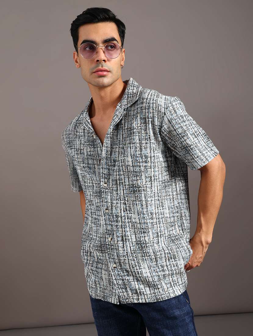 men self design short sleeve regular fit casual shirt