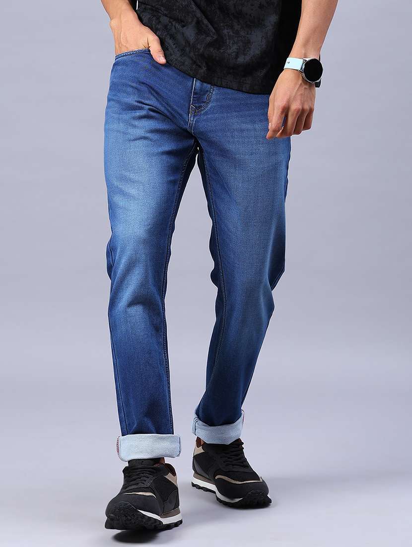 men washed mid rise full length jeans
