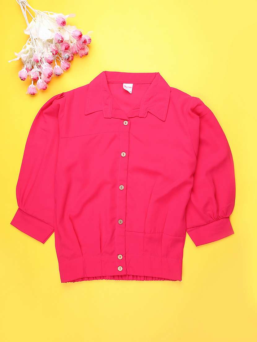 girls solid collared puff sleeve top