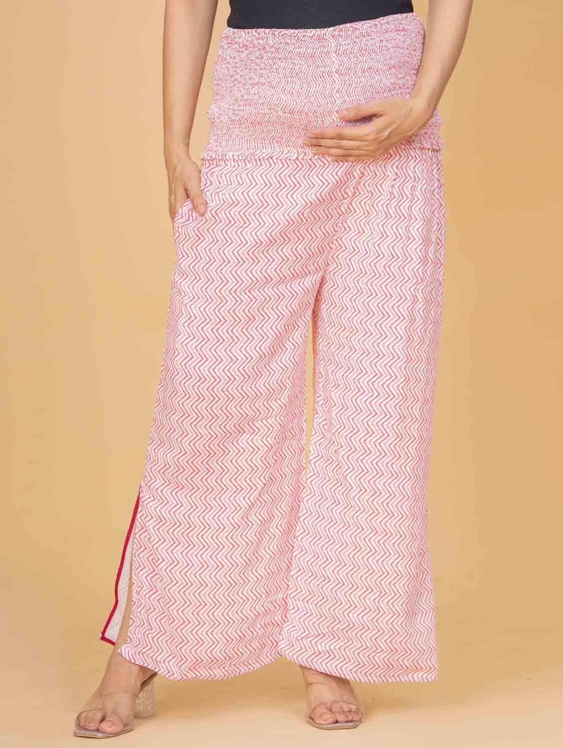 women pink chevron printed high rise bottomwear