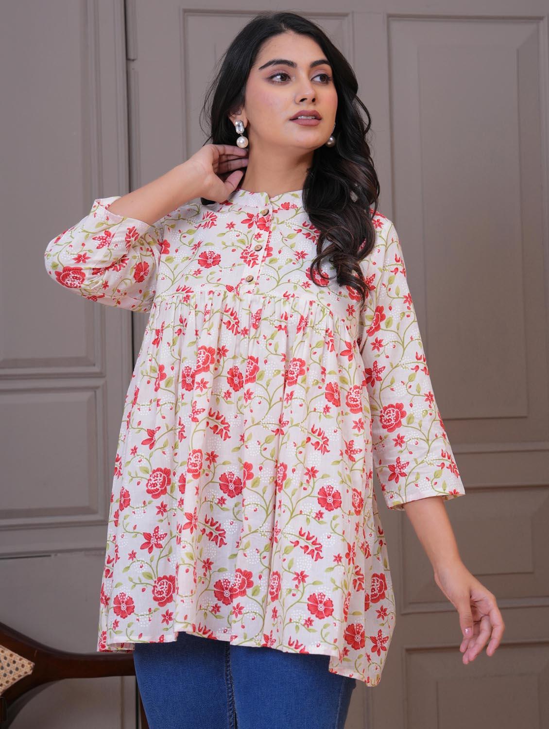 women floral three quarter sleeve flared tunic
