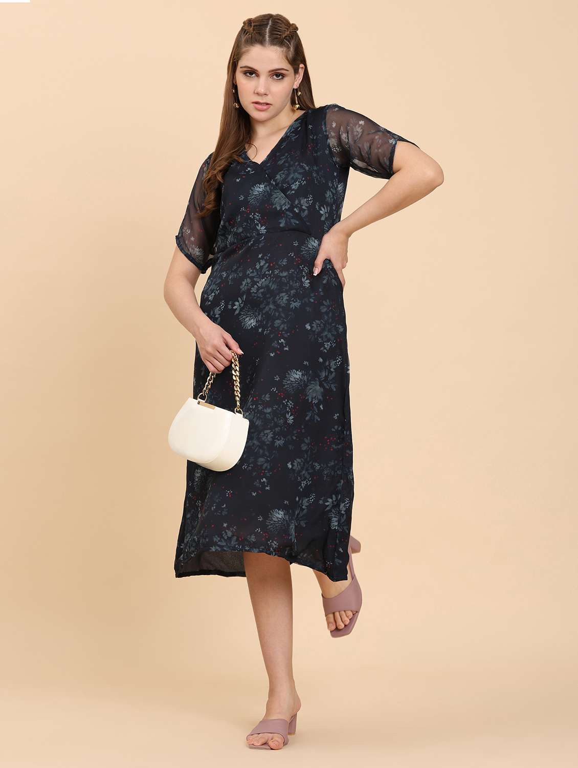 women floral printed overlap neck a-line dress