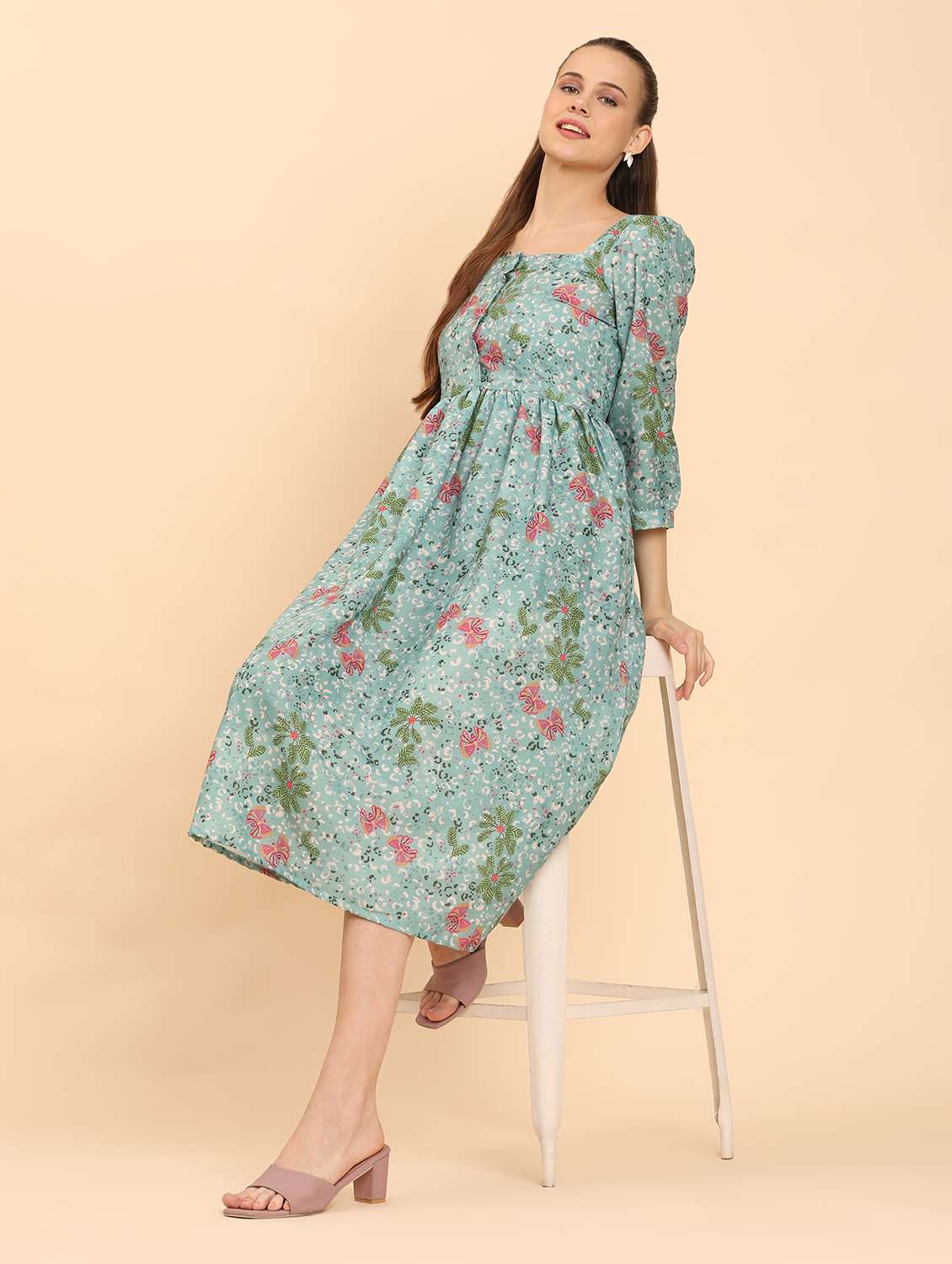 women floral print square neck  a-line dress