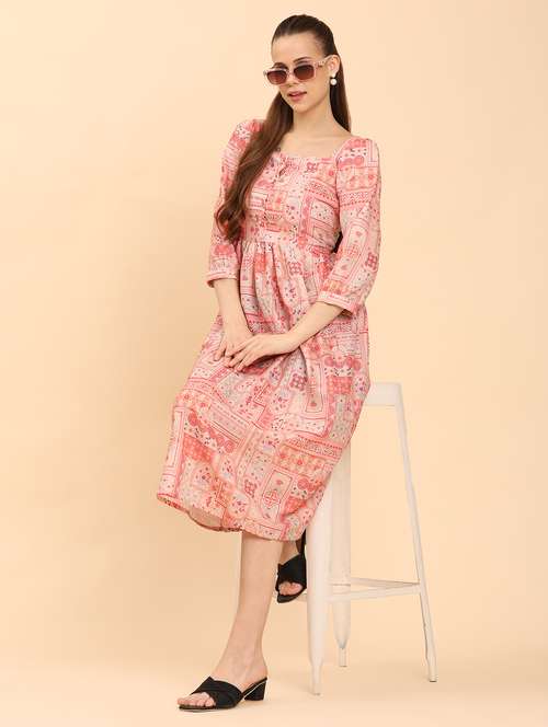 women peach printed square neck  a-line dress - 21968348 -  Standard Image - 0