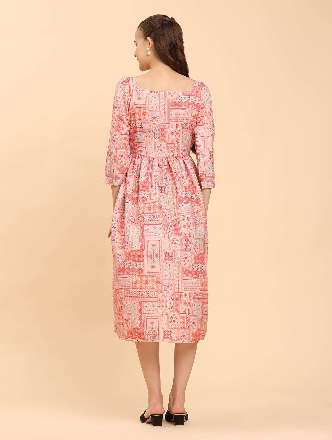 women peach printed square neck  a-line dress - 21968348 -  Standard Image - 3