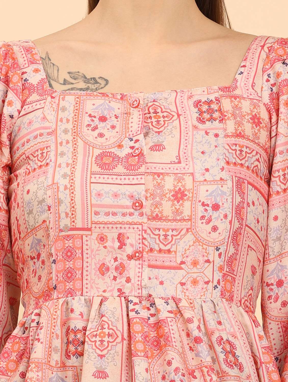 women peach printed square neck  a-line dress - 21968348 -  Standard Image - 5