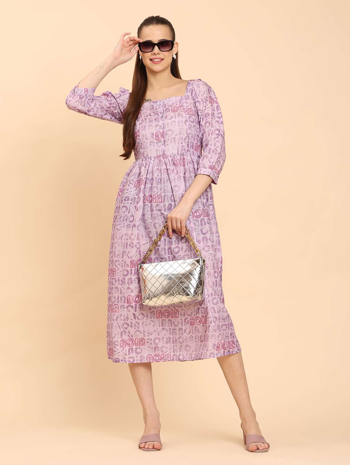women lavender printed square neck  a-line dress