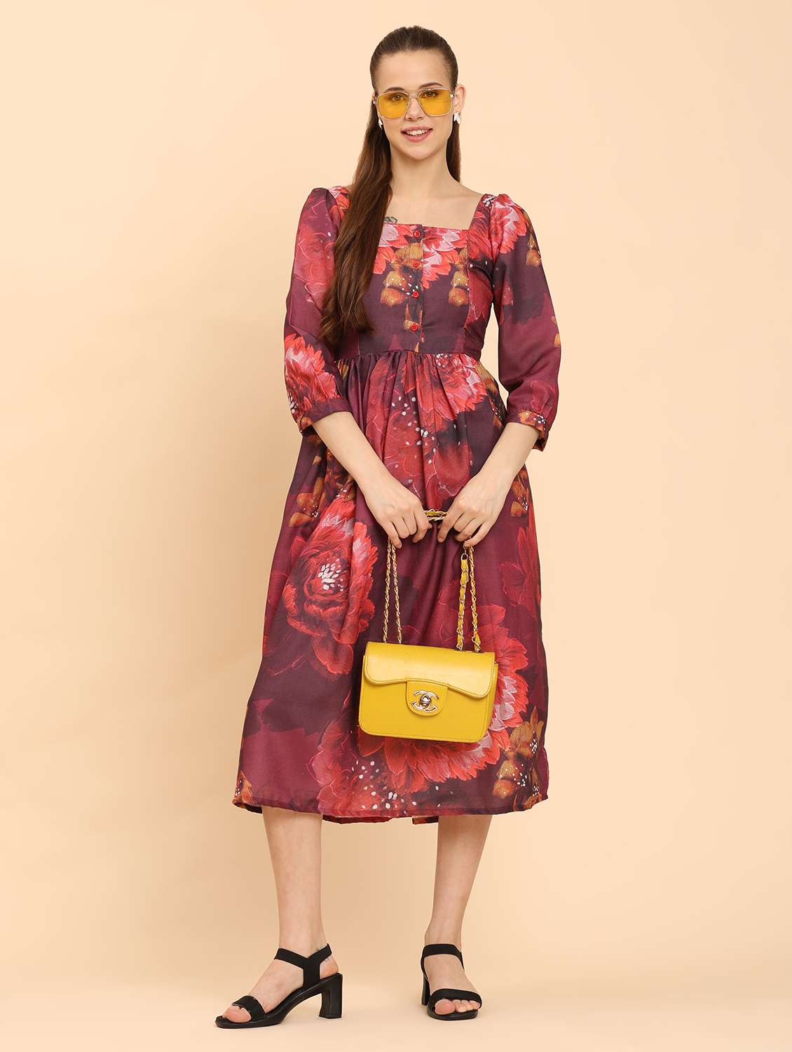 women floral print square neck  a-line dress