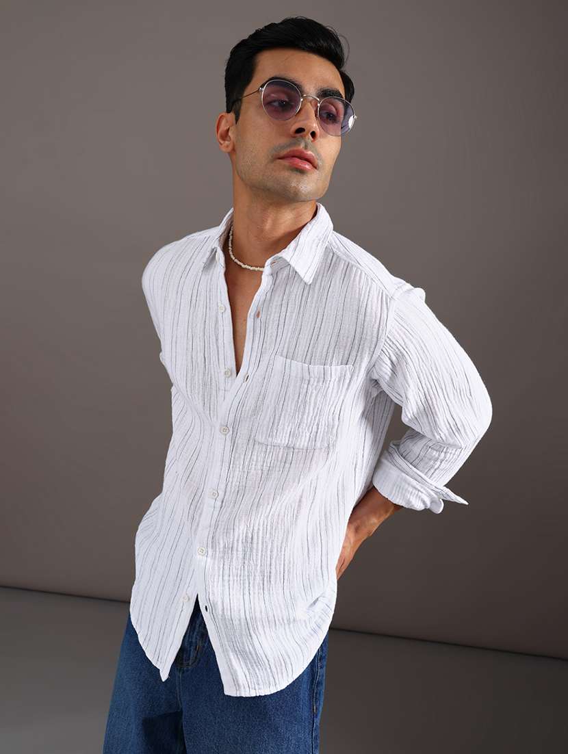 men striped long sleeve regular fit casual shirt