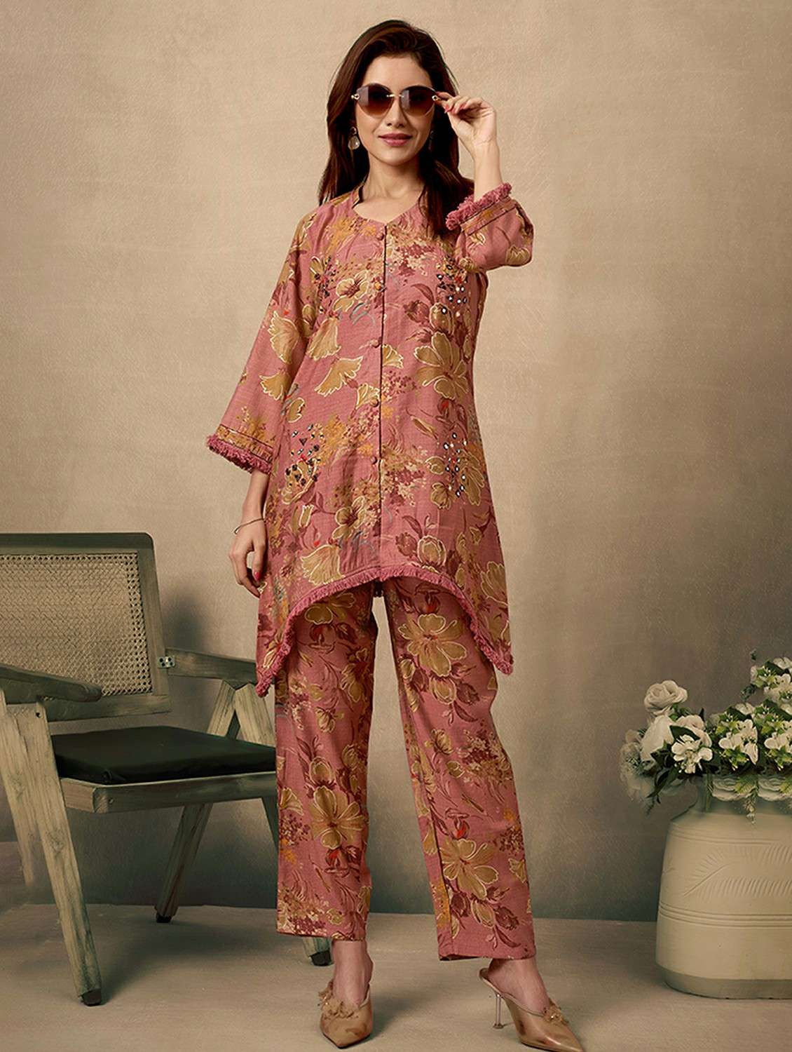 women floral three quarter sleeve ethnic co ord set - 21968497 -  Zoom Image - 0