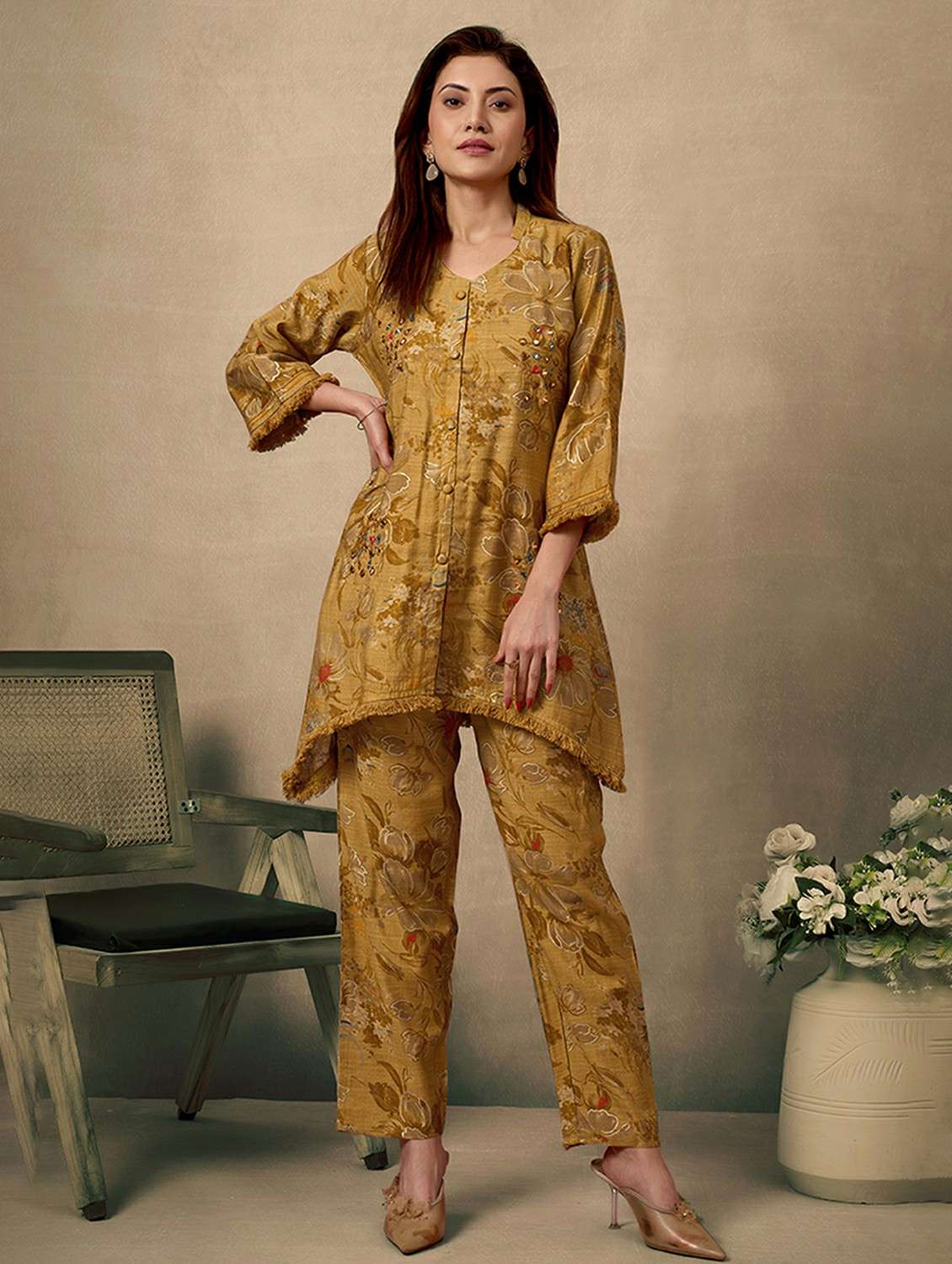 women floral three quarter sleeve ethnic co ord set