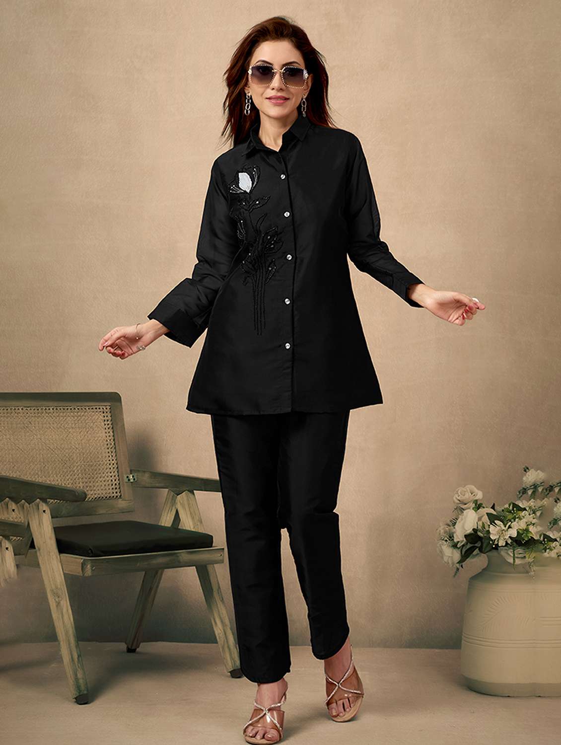 women embroidered long sleeve regular fit ethnic co ord set