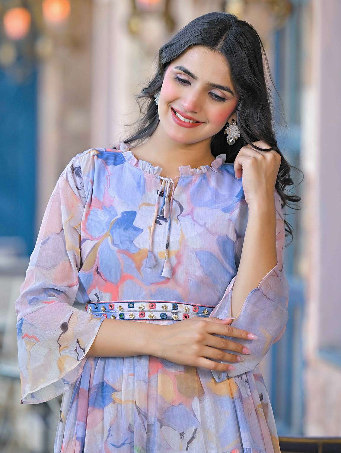 women printed tie-up neck tiered dress - 21968503 -  Standard Image - 3