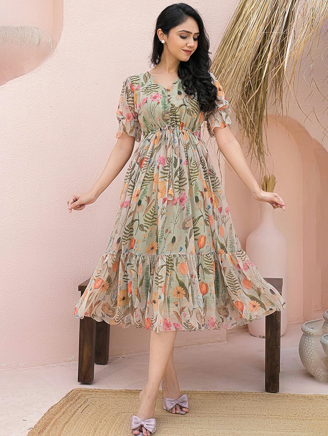 women floral print puff sleeve tiered dress