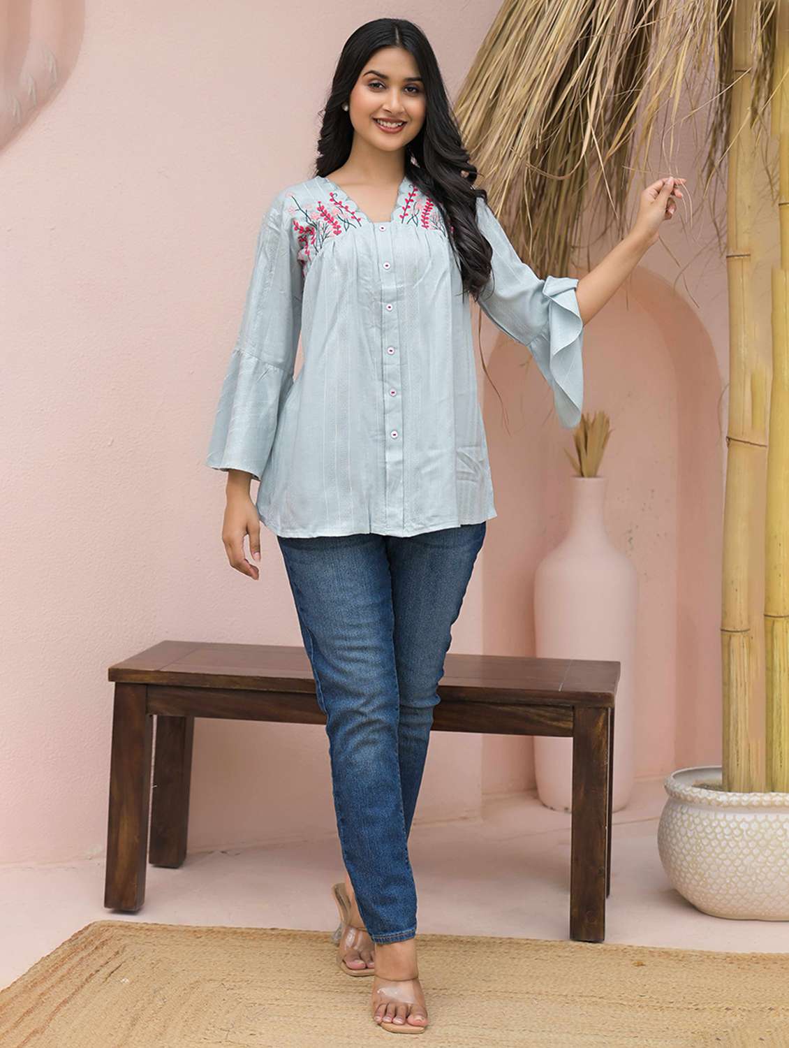 women embroidered bell sleeve  a-line top - 21968519 -  Standard Image - 5