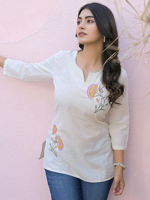 women embroidered three quarter sleeve kurti - 21968523 - Standard Image - 0