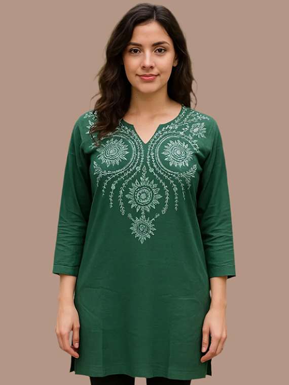 women embroidered three quarter sleeve kurti