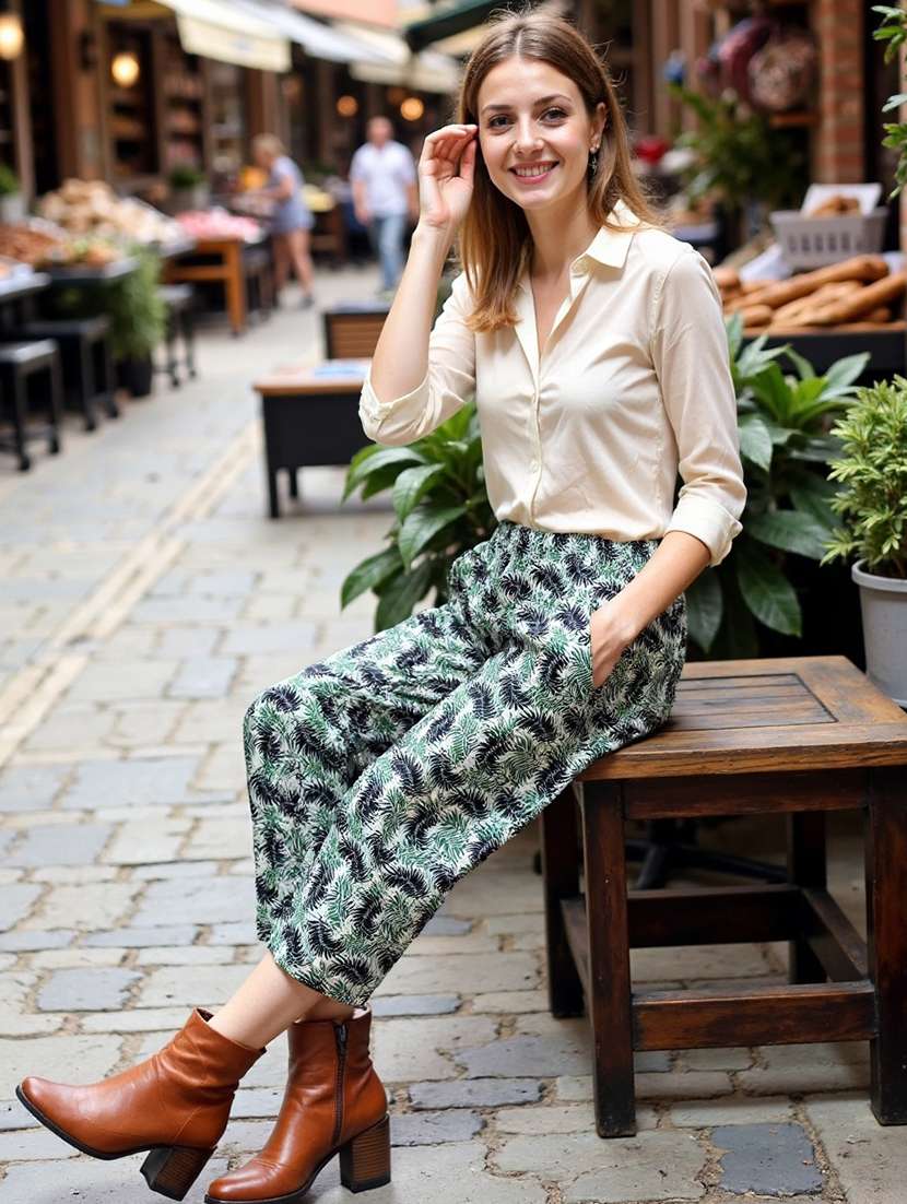 women printed mid rise straight trouser