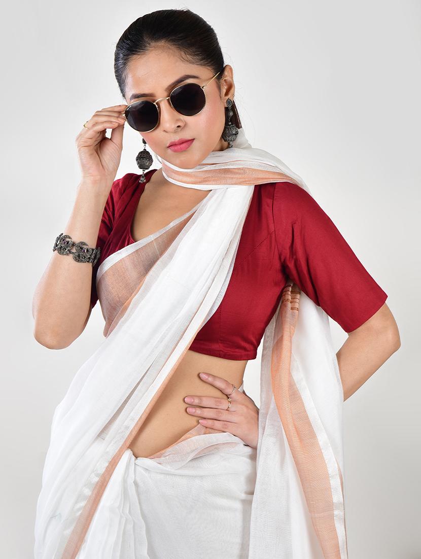 women solid with bordered saree with blouse - 21968618 - Standard Image - 3