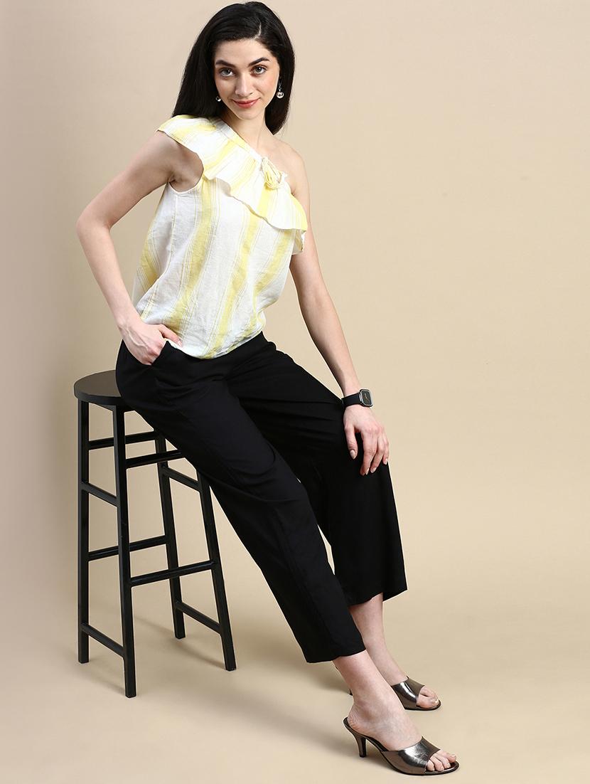 women black solid mid rise straight palazzo - 21968739 - Standard Image - 3
