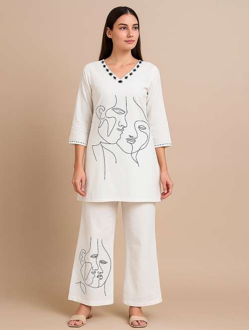 women solid with work three quarter sleeve ethnic co-ord set