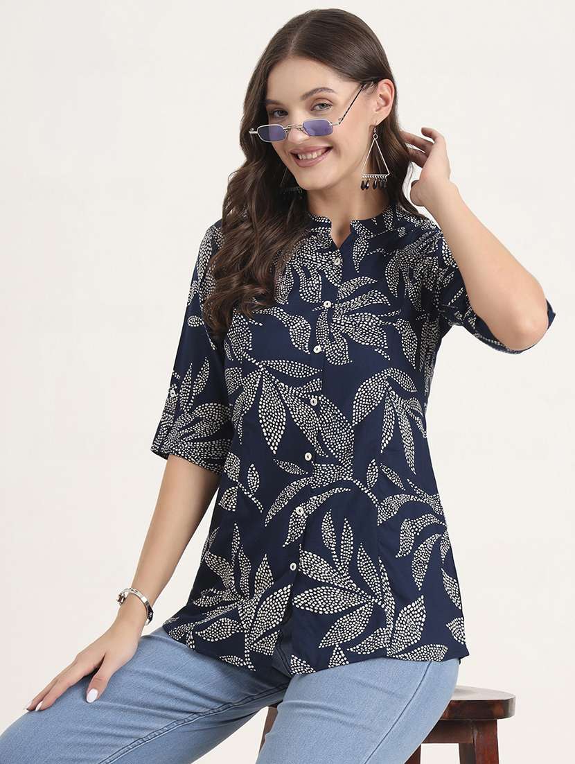 printed navy blue notch neck ethnic top - 21968820 - Zoom Image - 0