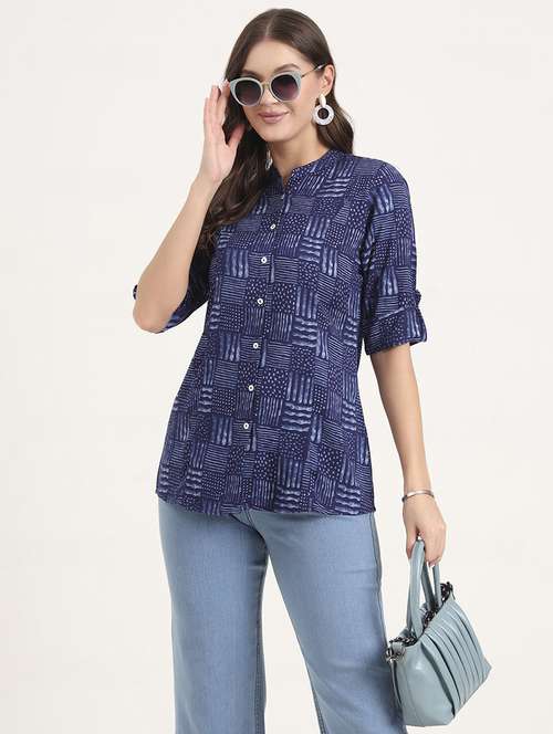 women printed mandarin neck ethnic top - 21968821 - Standard Image - 0