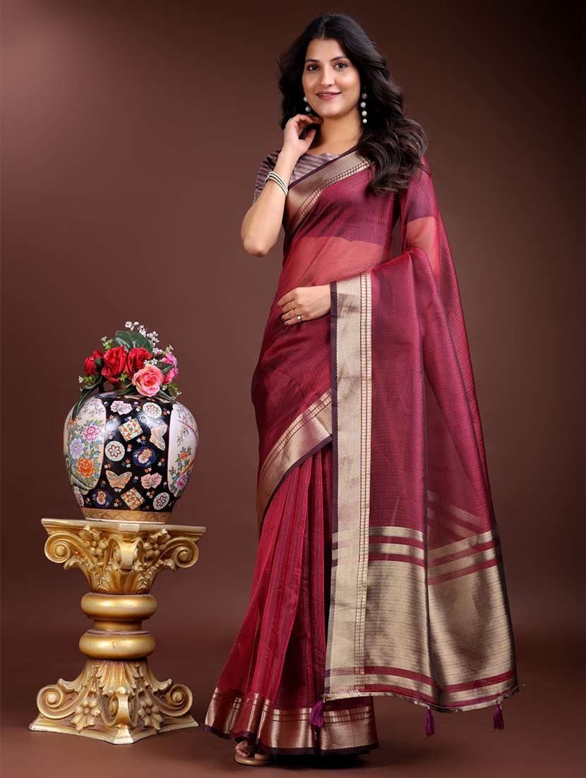 women solid with bordered saree with blouse - 21969160 -  Zoom Image - 0