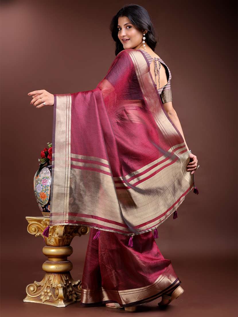 women solid with bordered saree with blouse - 21969160 - Standard Image - 3
