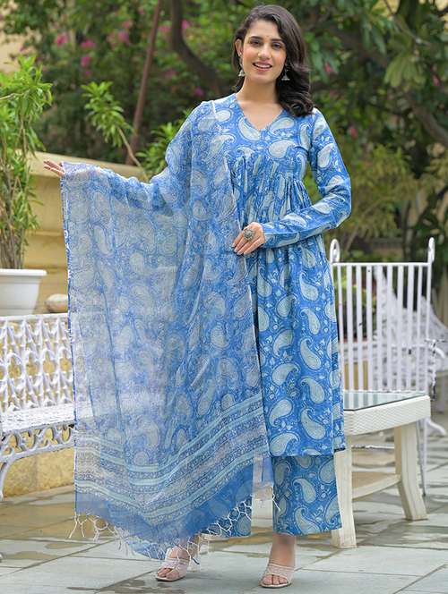 women blue long sleeve kurta pant with dupatta set - 21969209 -  Standard Image - 0