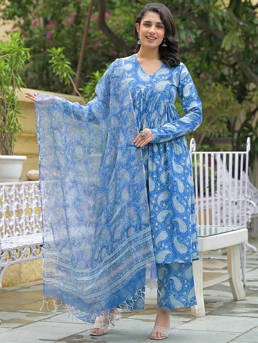 women blue long sleeve kurta pant with dupatta set - 21969209 -  Zoom Image - 0