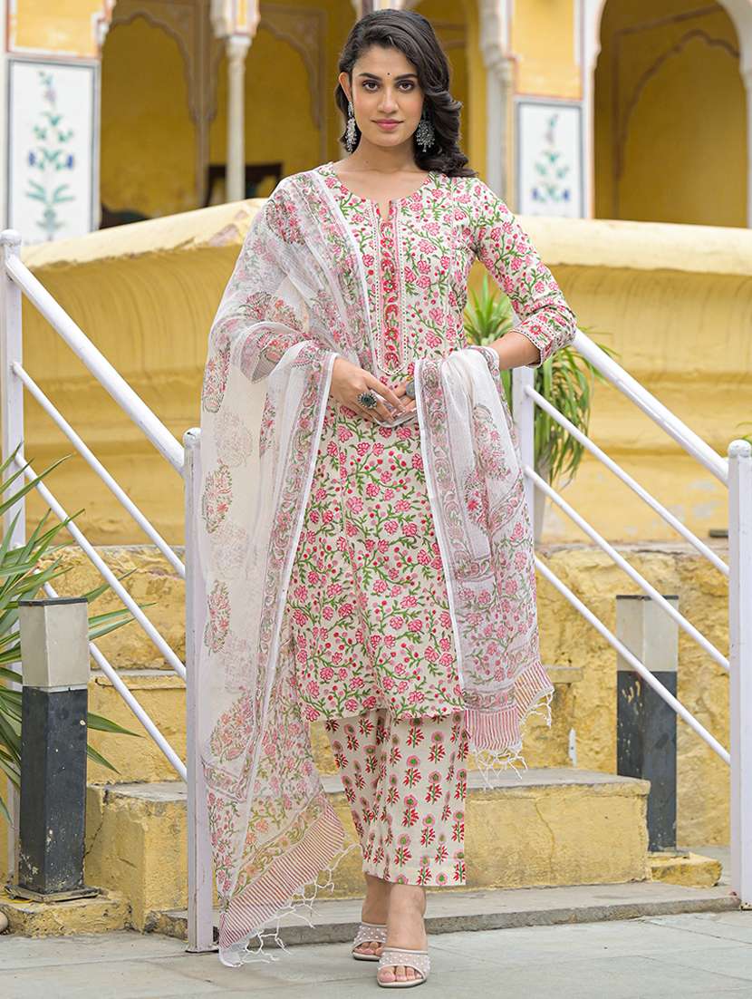 women three quarter sleeve kurta pant with dupatta set